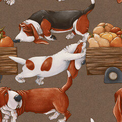 Basset Hound dogs are carrying a cart with pumpkins. Harvesting. Seamless pattern on a brown background. - 381134925