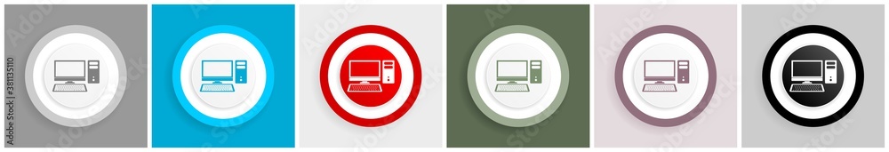 Fototapete computer, desktop icon set, colorful flat design vector illustrations in 6 options for web design an