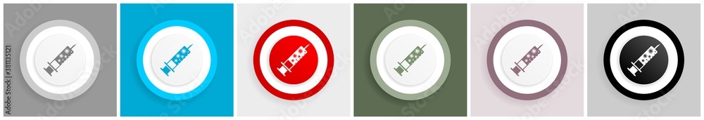 Poster vaccine, injection, syringe symbol icon set, colorful flat design vector illustrations in 6 options 