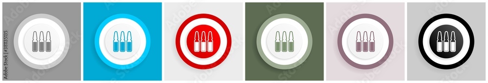 Poster vaccine ampules icon set, colorful flat design vector illustrations in 6 options for web design and 