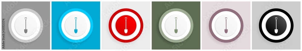 Poster shovel, gardening tool icon set, colorful flat design vector illustrations in 6 options for web desi