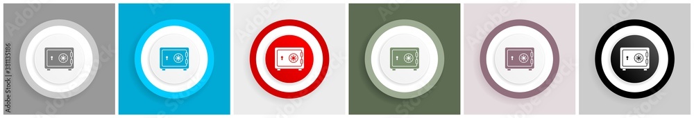 Poster safe, bank, business icon set, colorful flat design vector illustrations in 6 options for web design