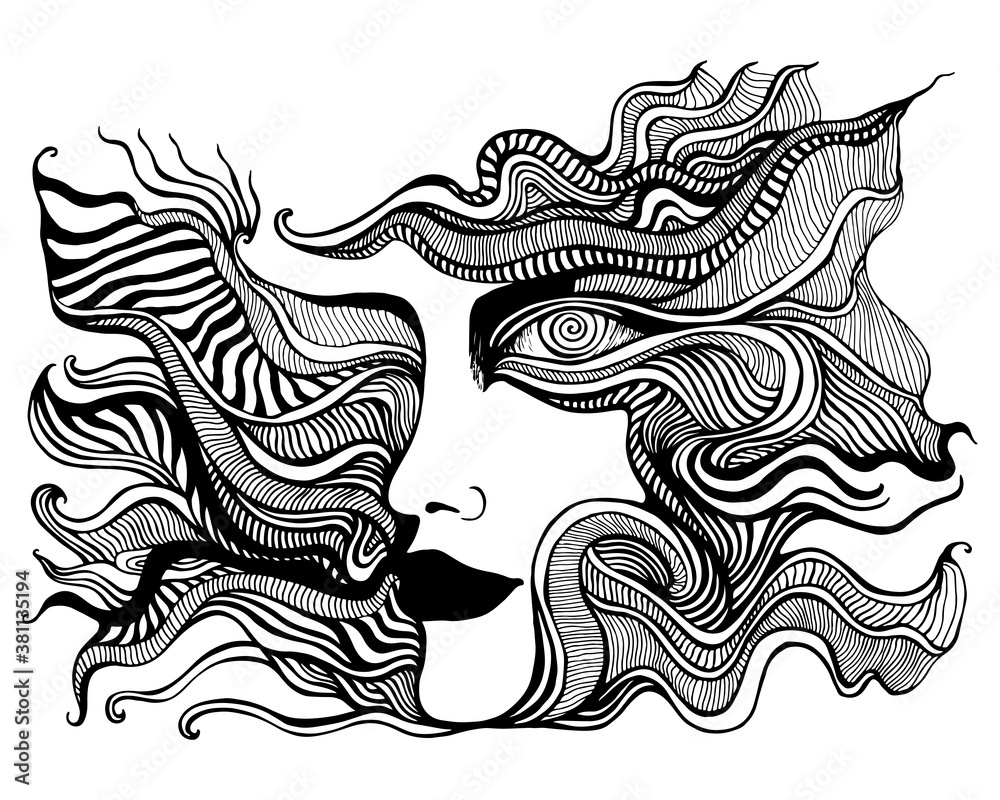 Wall mural black and white psychedelic face with spiral eye, of crazy patterns coloring page