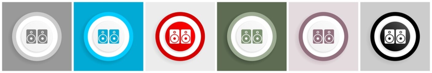 Set of music speakers, loudspeaker icon set, colorful flat design vector illustrations in 6 options for web design and mobile applications