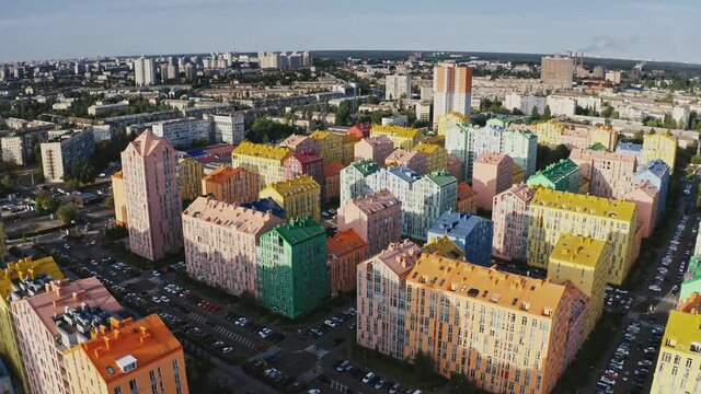 Top view of colorful modern residental buildings, footage from drone