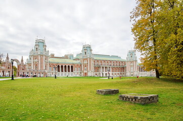 Moscow, Russia - October 12, 2018: Grand Palace in the Tsaritsyno Park on a cloudy autumn day