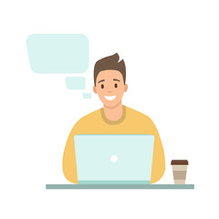 Man with laptop,  paper cup of coffee and speech bubble. Work, freelance, training, education, blogging concept. Vector illustration in a flat style.
