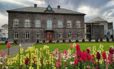 Icelandic parliament building in Austurvollur Square in the centre of the city of Reykjvik,...