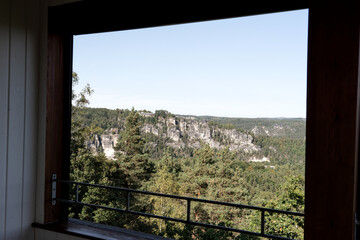 The Elbe Sandstone Mountains in saxon switzerland seen through the window. Germany