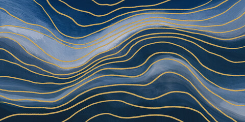 Abstrakte Kunstfarbe Marineblau mit goldenen geschwungenen Linien für Hintergründe, Banner im Konzept Luxus. © korkeng