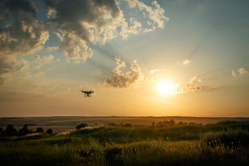 Flying drone above the field. The morning sun and the orange sky. The beam of the sun hitting  flowers of grass.