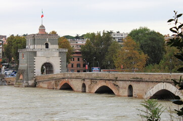 Milvio bridge during the flood of the river Tevere. Rome, Italy