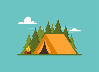 Orange tent in forest. Tent, forest and fire. Banner, poster for Climbing, hiking, trakking sport, adventure tourism, travel, backpacking. Simple flat vector illustration.