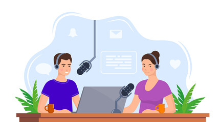 People recording podcast in studio. Radio host interviewing guest on radio station. Man and woman in headphones talking. Broadcasting. Vector illustration.