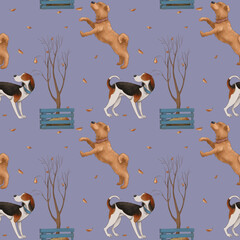 Seamless pattern with dogs, a tree and flying leaves on a lilac background. - 381137769