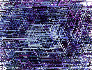 Obraz premium 3d render of abstract art of surreal 3d background with part of cube in wire structure or cage box with cords or tubes in matte metal aluminum in purple gradient color in isometric view 