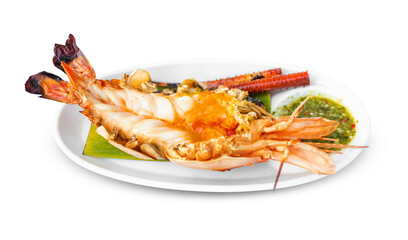 big prawn barbecue with spicy seafood sauce on white plate isolated on white background