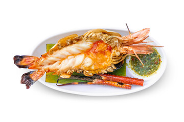 big prawn barbecue with spicy seafood sauce on white plate isolated on white background