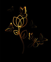 Stylized golden tulip flower with butterflies. Vector illustration