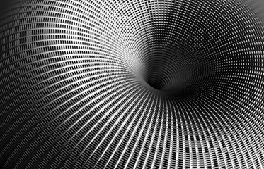 3d render with abstract black and white monochrome surreal industrial 3d background  with funnel  black hole in the centre with lines cubical fractal pattern on surface in matte aluminum metal 