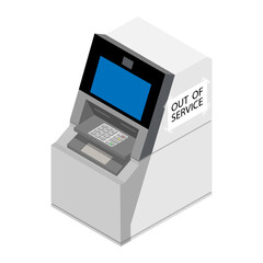Out of service concept. ATM isometric view isolated on white background