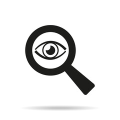 Eye icon with a magnifying glass on white background.