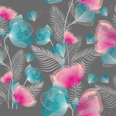 Seamless background with delicate blue and pink flowers. Vector illustration