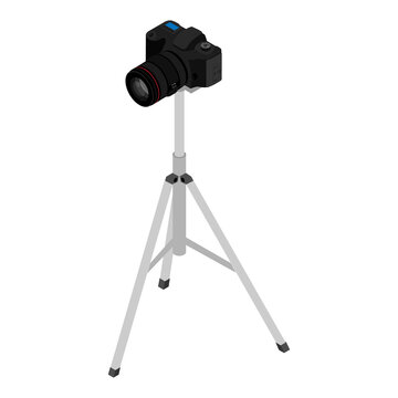 Camera on a tripod isolated on white background