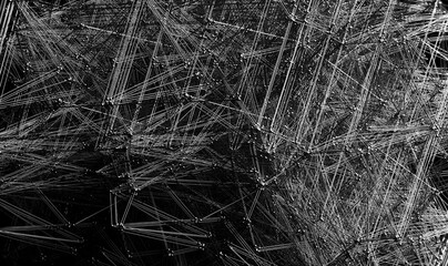 3d render of black and white monochrome abstract art with surreal organic fractal wire atomic metal spooky creepy alien symmetry structure based on triangle shape pattern in the dark