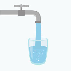 Cartoon vector illustration showing water coming out of a tap and into a glass