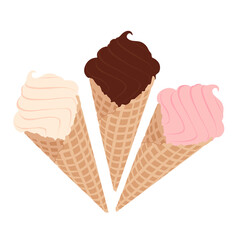 Variety of ice cream in wafer cone chocolate, vanilla and strawberry.