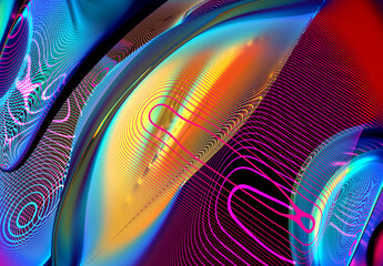 3d render with abstract art of surreal 3d background with part of ball with glowing organic substance inside with parallel round wavy curve lines pattern in neon blue red and yellow light as plasma 