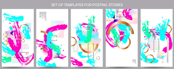 Set creative backgrounds for social media templates. Pastel art colors muted pale collection of romantic invitations with gold abstraction background line color