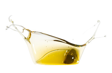 Automotive engine oil (lubricating oil, yellow liquid oil) splash and isolated on white background....