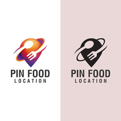 food location logo design, with concept of a pin wind fork and spoon