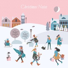Obraz na płótnie Canvas Christmas vector illustration of cute winter village with people. Christmas noise