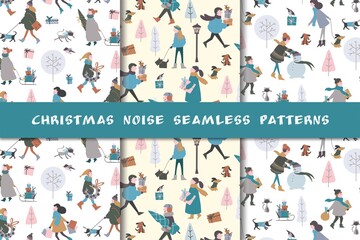 Cute vector Christmas Holidays seamless pattern. Christmas winter village and noisy people