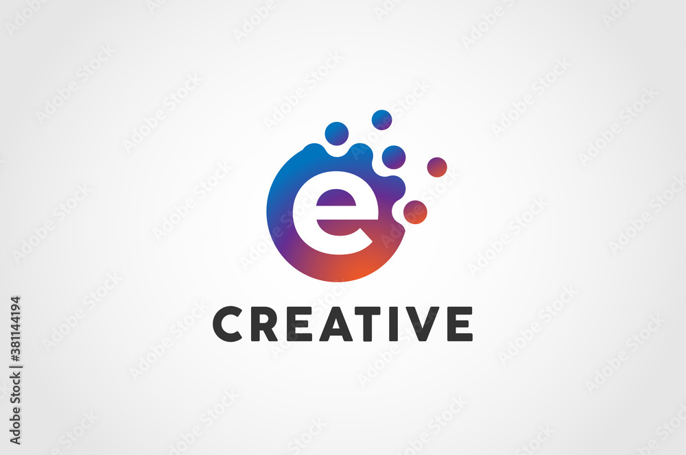 Wall mural initial letter e logo, circle particle with letter e inside, vector illustration