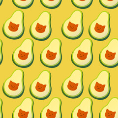 Cat Avocato seamless pattern on yellow background. Cute cartoon avocado with a cat's face.
