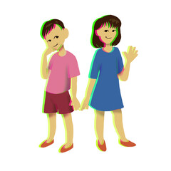 Happy childhood, boy in a pink, girl in a blue dress. Against gender stereotypes. Hand drawn illustration.