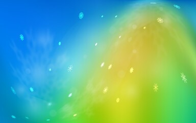 Obraz premium Light Blue, Green vector background with xmas snowflakes. Snow on blurred abstract background with gradient. New year design for your business advert.