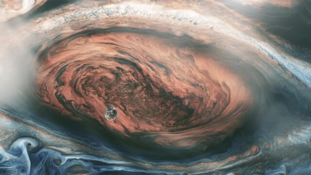 Callisto, One of the four Galilean Moons orbiting Jupiter, passing over the Great Red Spot. Elements of this video furnished by NASA.