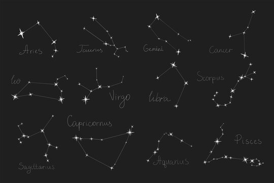 Vector illustration of twelve star constellations with its names such as Aries, Taurus, Gemini, Cancer, Leo, Virgo, Libra, Scorpius, Sagittarius, Capricornus, Aquarius and Pisces on the night sky.