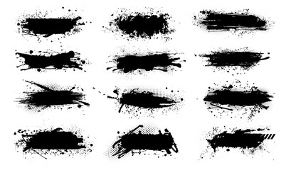 Ink splashes stencil very detailed collection. Black inked splatter dirt stain splatter spray splash with drops boots. Isolated Silhouettes dirty liquid vector grunge
