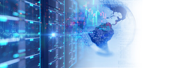 server room with server racks in datacenter banner. 3d illustration