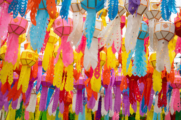 background, colorful lanterns hanging on the rope.
lantern festival decorated in Thailand.