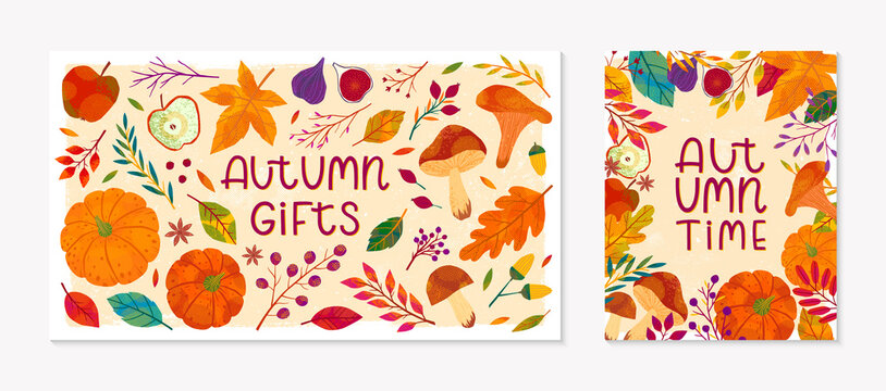 Autumn seasonals postes with leaves and floral elements in fall colors.Greetings and harvest fest banners perfect for prints,flyers,banners,invitations.Trendy fall designs.Vector autumn illustrations