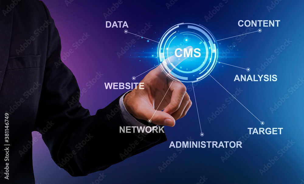 Fototapete Content management system, webpage optimization. Database administrator pressing CMS button on screen. Collage
