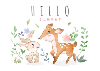 Cute Animals Friends with Colorful Leaf and Flowers Illustration