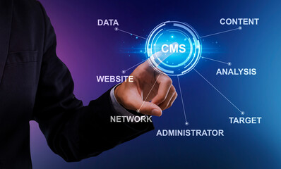 Content management system, webpage optimization. Database administrator pressing CMS button on screen. Collage